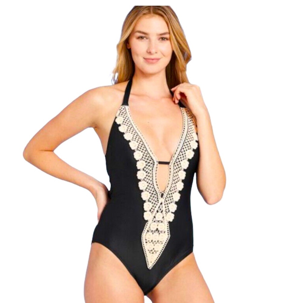 NWT Kona Sol Small S Black & White Plunge Crochet Lace One Piece Swimsuit